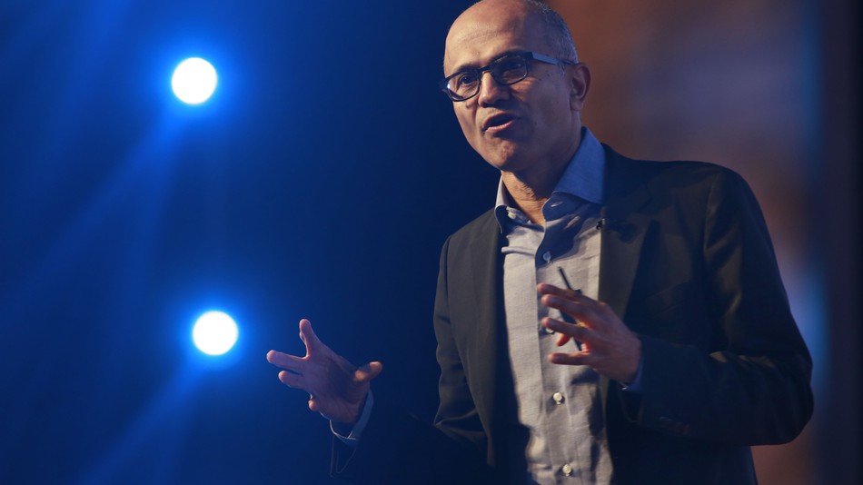 Satya Nadella delivers his keynote address at the Microsoft Future Decoded event in Mumbai on Feb 22, 2017.