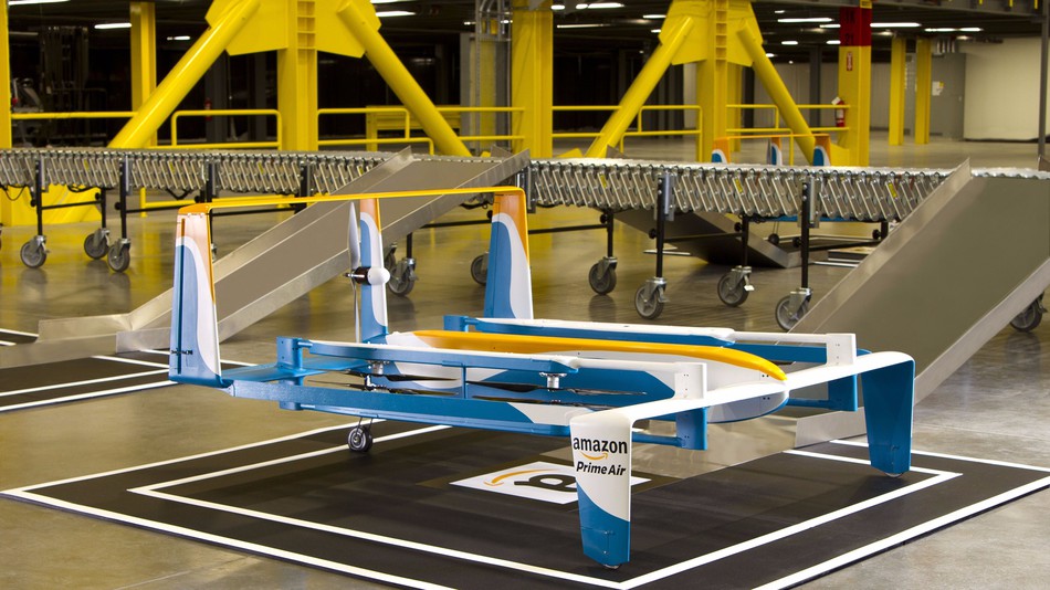 An Amazon Prime Air awaits eventual liftoff.