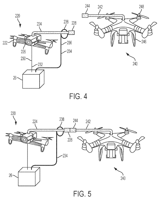 The drones would attach for the mid-air transfer.
