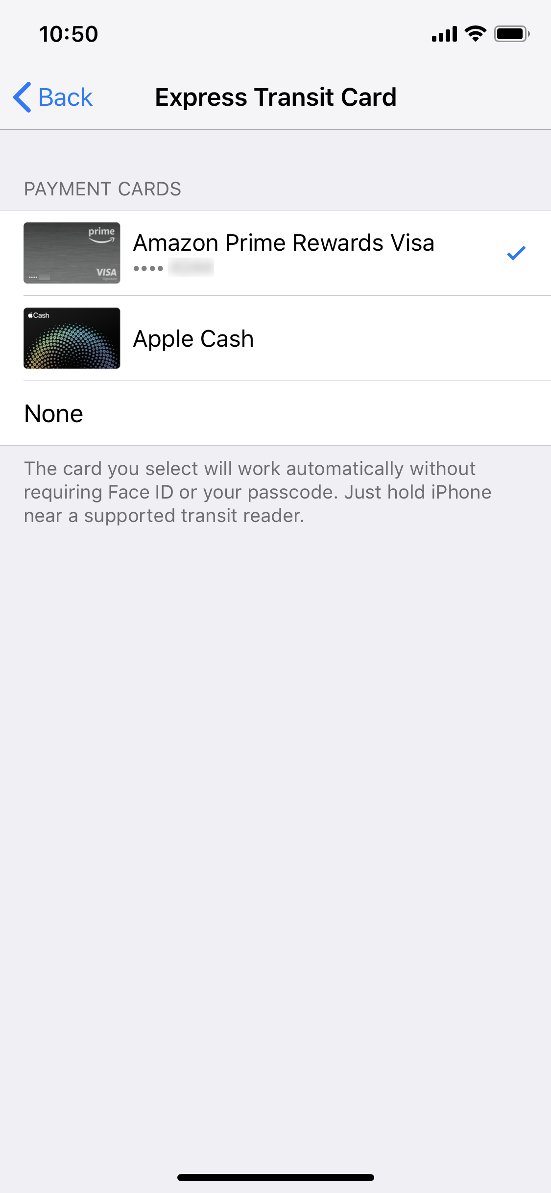 Any card that works with Apple Pay can be used with Express Transit.