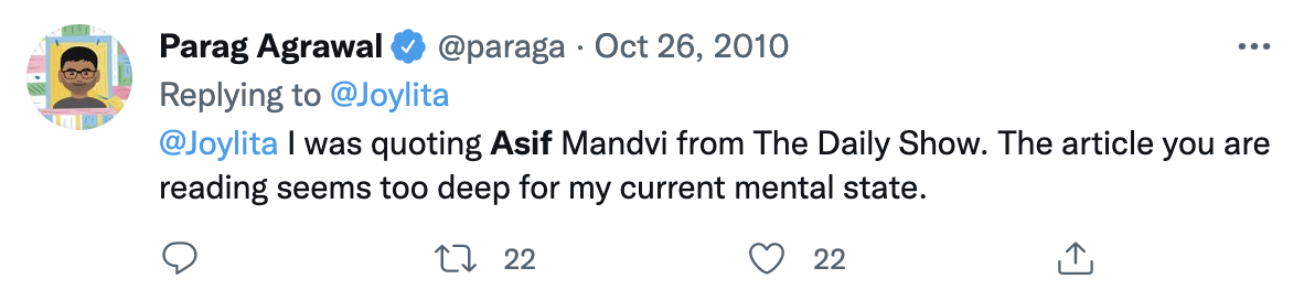 Screenshot of Agrawal's tweet