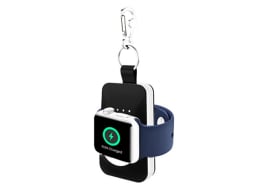 Apple watch strapped around black keychain charging