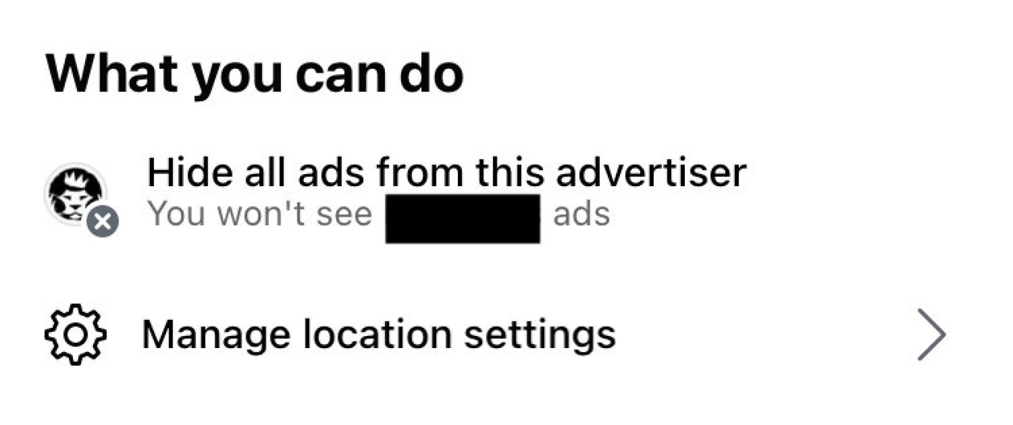 Facebook hide all ads from this advertiser button